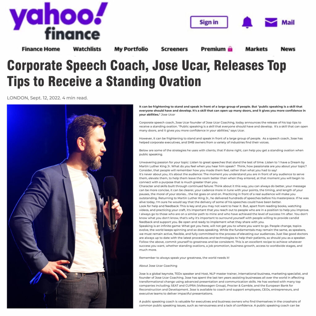 Corporate Speech Coach Jose Ucar Releases Top Tips to Receive a Standing Ovation
