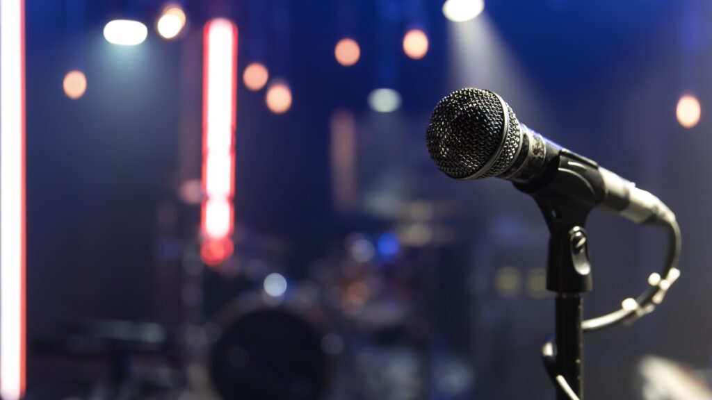close up microphone concert stage with beautiful lighting 1